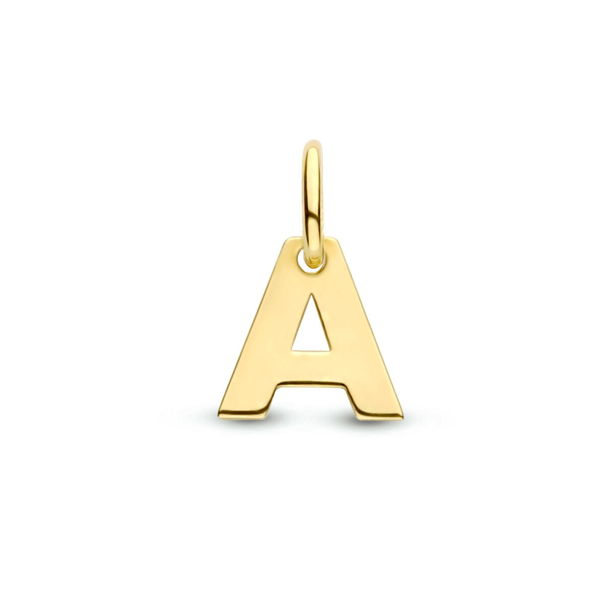 Een 14K geelgouden hangerletter van de Van der Kooij Collectie, vormgegeven als een hoofdletter A met een lusje voor bevestiging aan een ketting, meestal tegen een witte achtergrond.