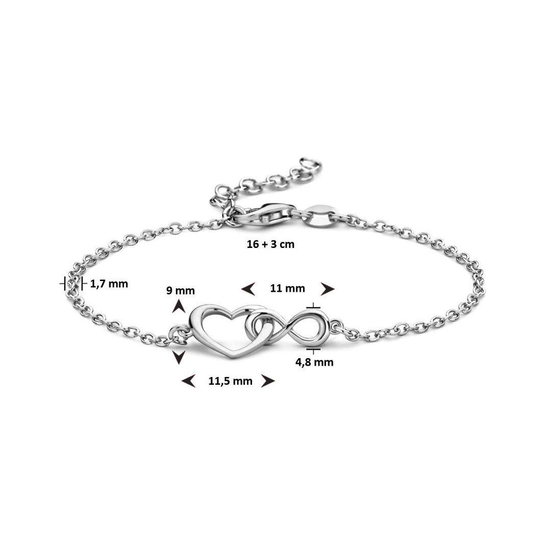 De Van der Kooij Collectie armband hart en infinity is een gerhodineerd zilveren sieraad van 16 + 3 cm, met een ketting, karabijnsluiting en bedels - ideaal als valentijnscadeau. Afmetingen in millimeters en centimeters weergegeven.