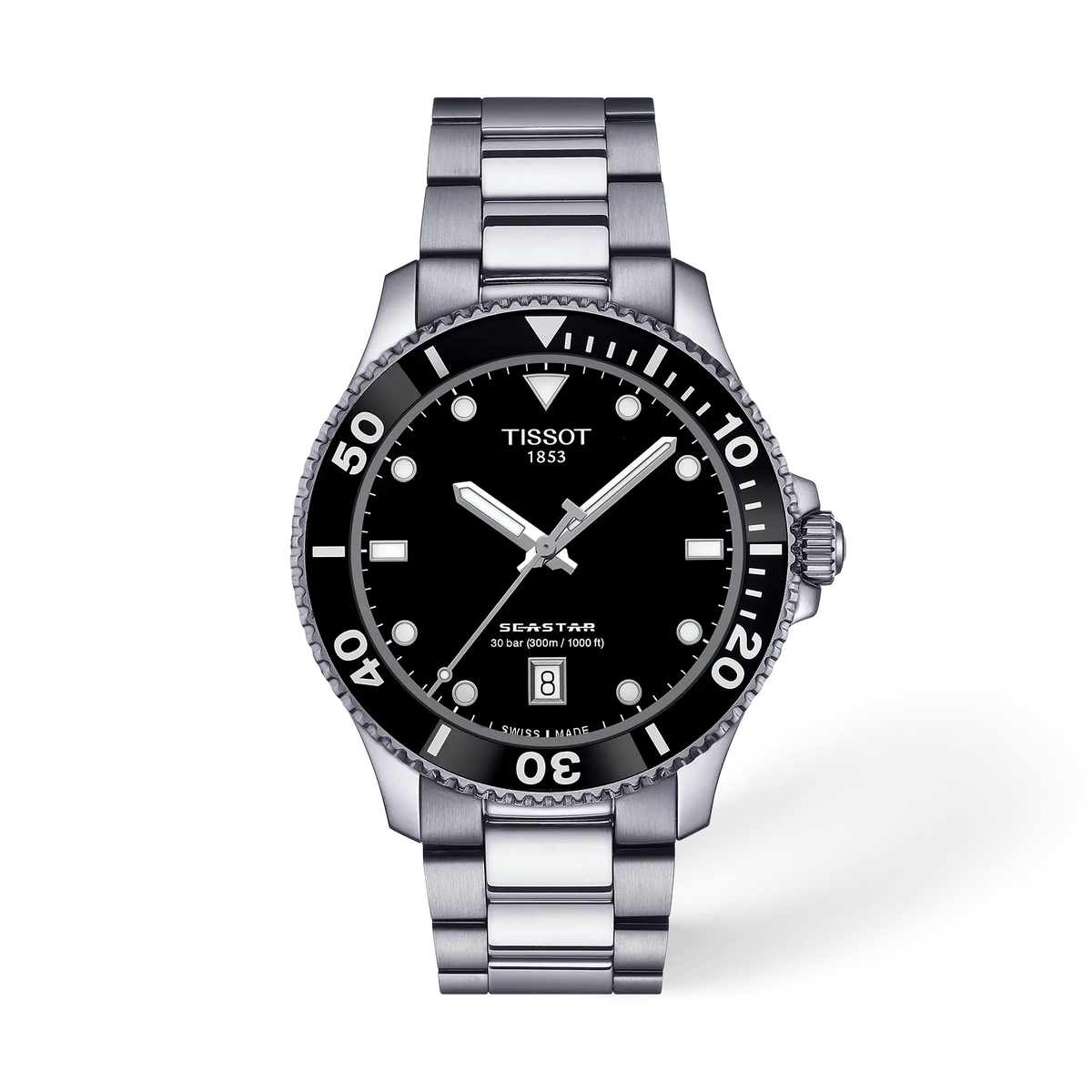 Zegarek Tissot Seastar 1000 z czarną tarczą, stalowa koperta i bransoleta, wodoodporny do 300 m.