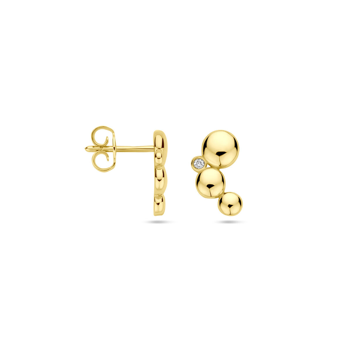 Kolczyki z diamentem 0,02 ct (2x 0,01 ct) w żółtym złocie 14K, o okrągłym kształcie i średnicy 11,5 mm.