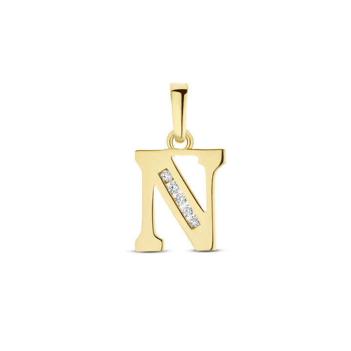 Hanger letter zirkonia 14K geelgoud van Van der Kooij Collectie: een geelgouden N-hanger, diagonaal bezet met fonkelende zirkonia's, afgebeeld tegen een witte achtergrond.