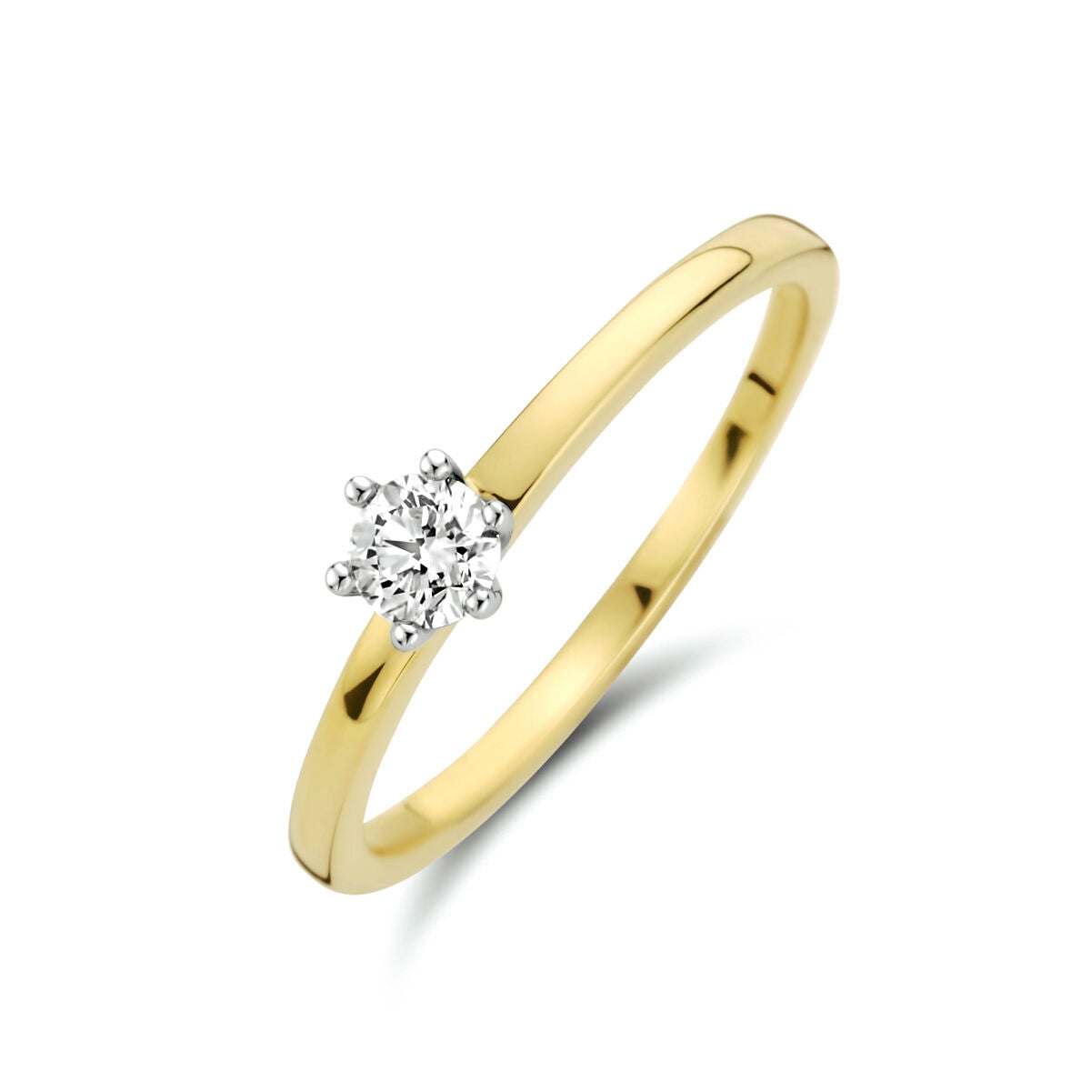 Bicolor gouden ring met een diamant van 0.20ct, met een glanzende gele en witte afwerking.