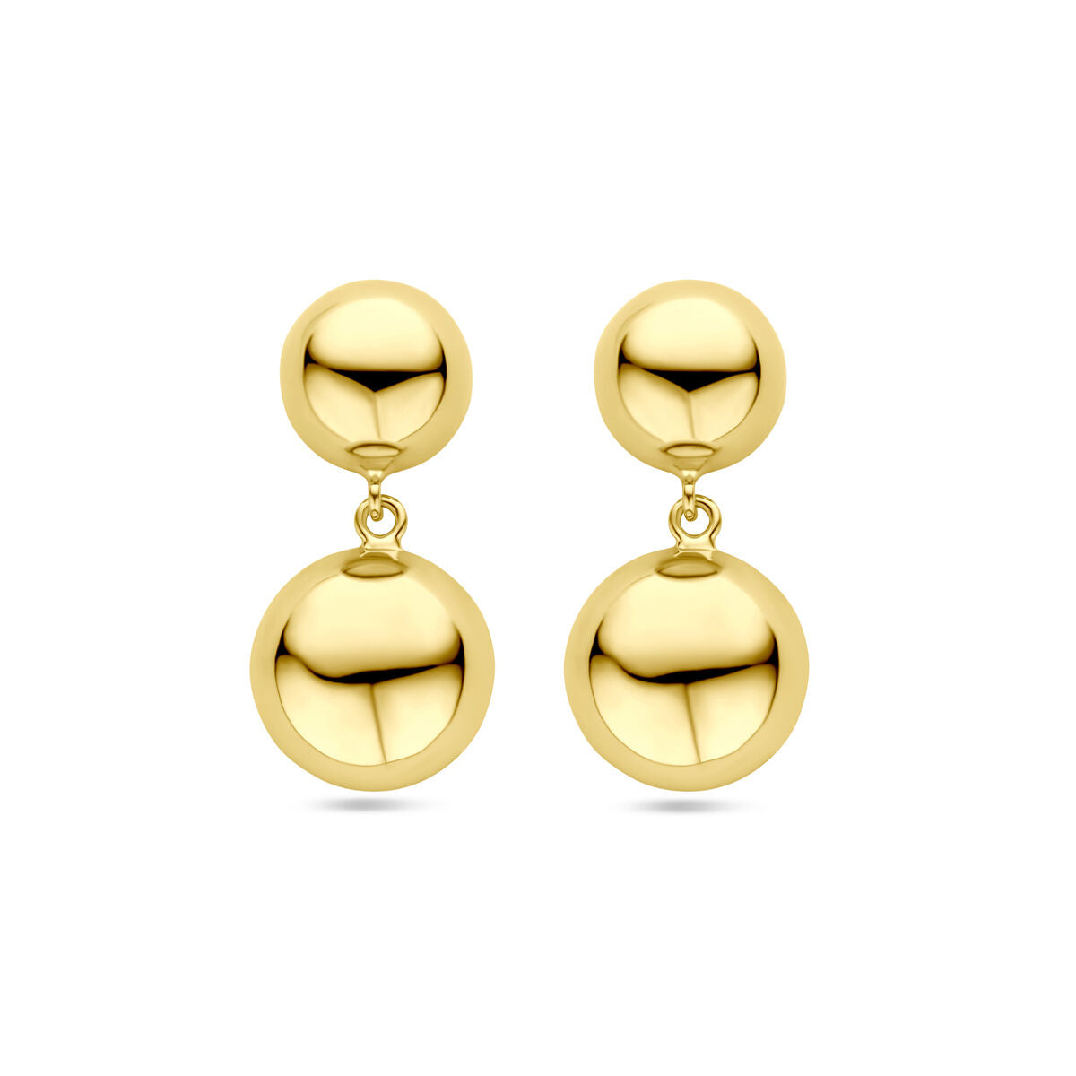 Gouden oorhangers met een half bolvormige bovenkant en een grotere bol onderaan, 31 mm.
