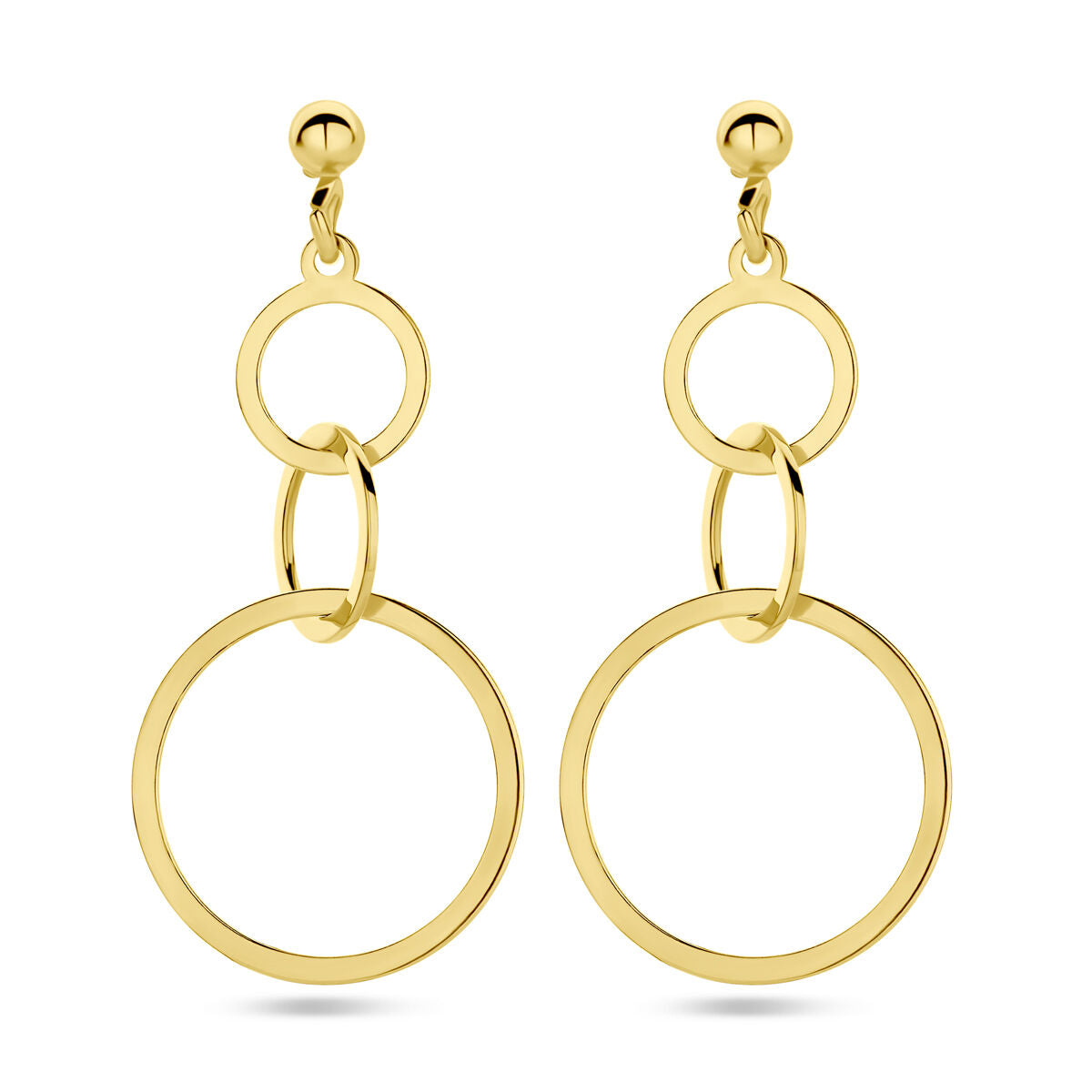 Een paar Van der Kooij Collectie oorhangers cirkels 1 micron zilver verguld (geel), elk met drie in elkaar grijpende open cirkels in verschillende maten voor een moderne en elegante goudkleurige look.