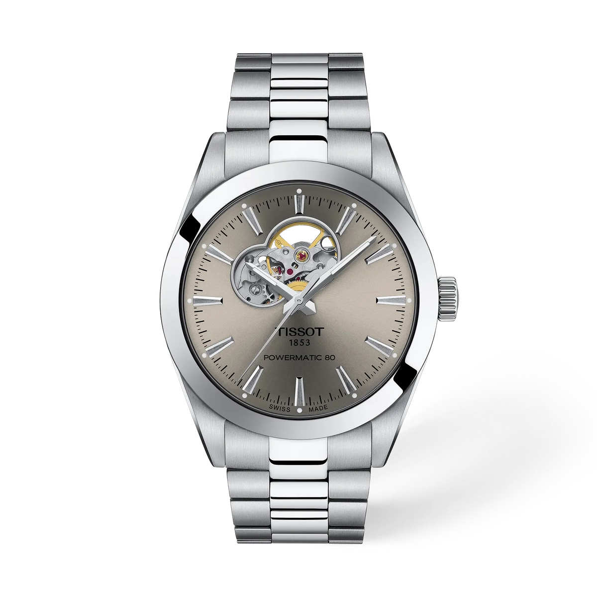 Zegarek Tissot Gentleman Open Heart 40mm z metalową bransoletą, srebrna koperta i szara tarcza z widocznym mechanizmem.