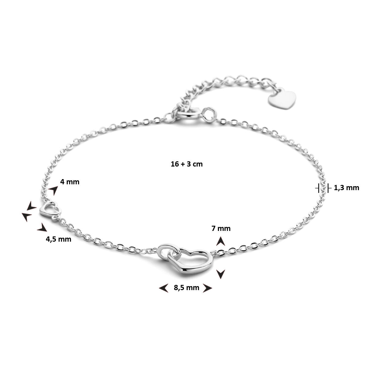 bransoletka serca 16 + 3 cm srebro rodowane