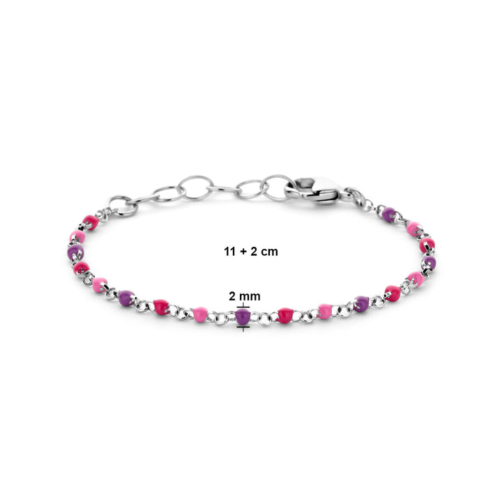 De Van der Kooij Collectie armband bolletjes gekleurd emaille 11 + 2 cm zilver gerhodineerd bestaat uit afwisselend roze, paarse en zilveren emaille kralen (2 mm) aan een zilveren ketting met karabijnsluiting. Lengte: 11 + 2 cm.
