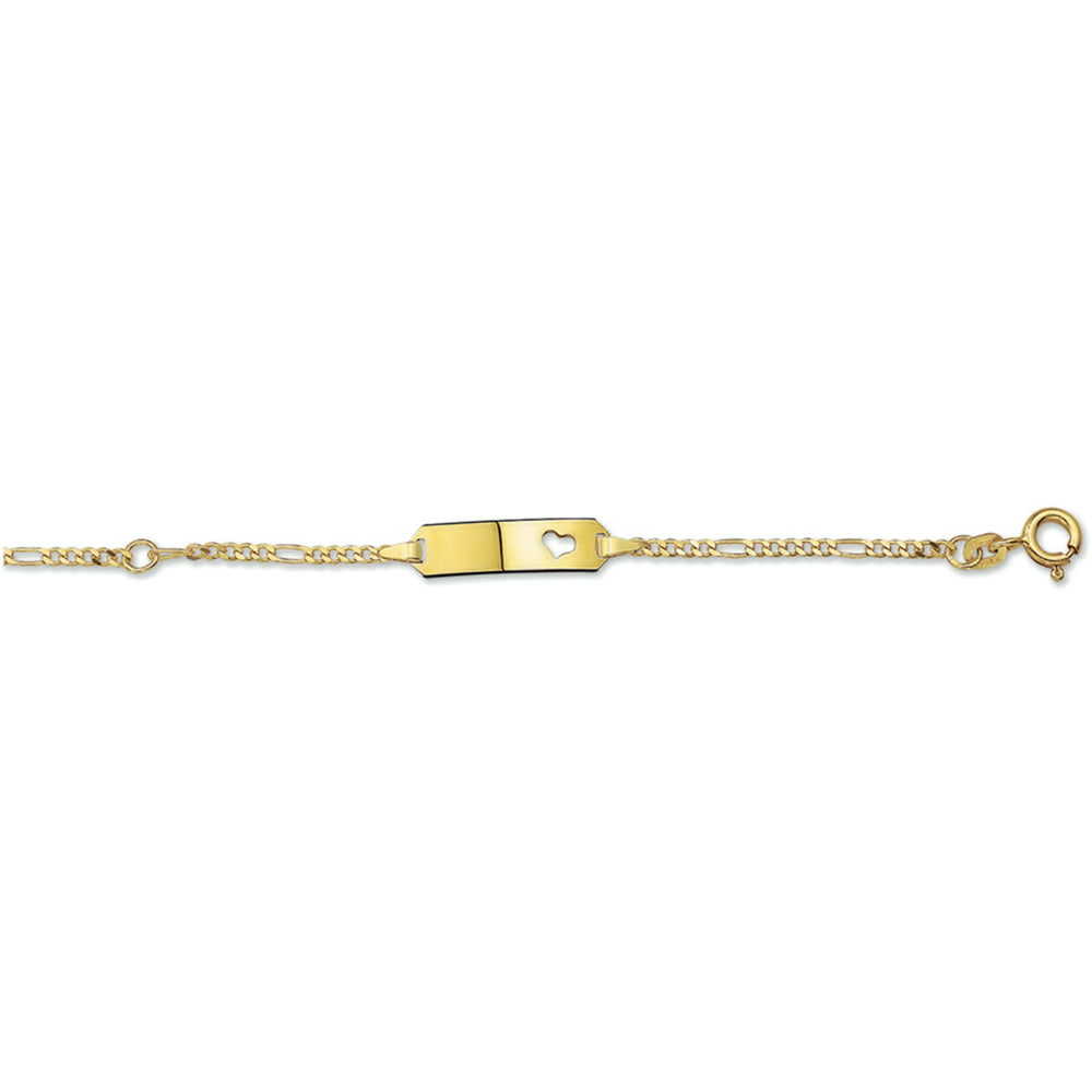 De Van der Kooij Collectie graveerarmband figaro hart plaat 5 mm, 9-11 cm in 14K geelgoud is voorzien van een centrale rechthoekige plaat met hartjesuitsnede, gedraaide en gladde schakels en een ronde sluiting.