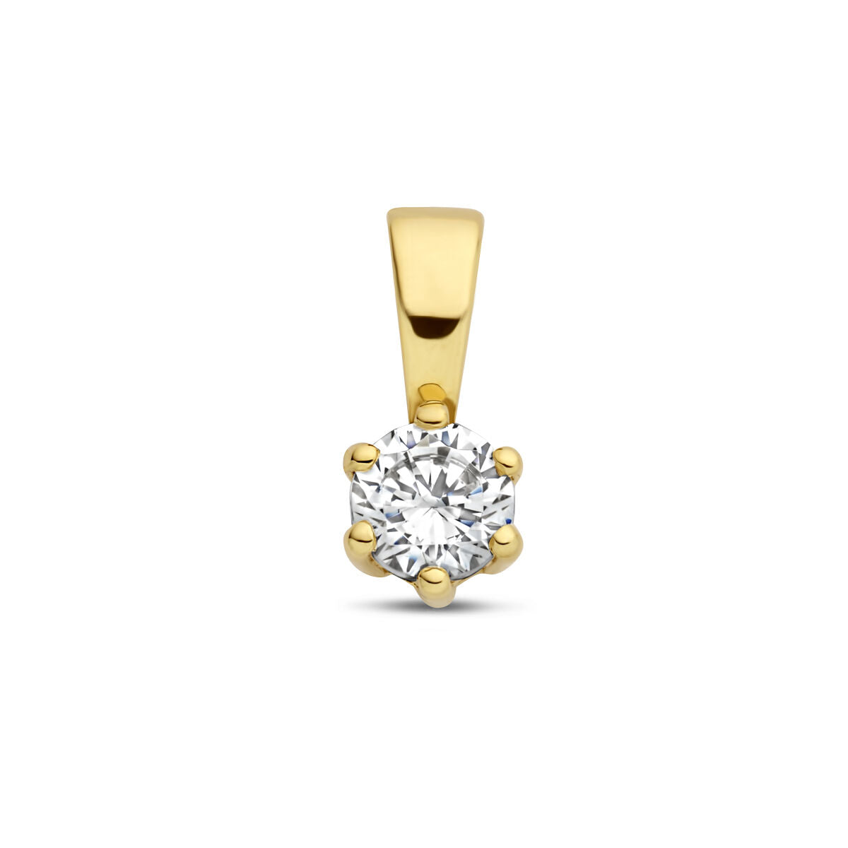 De hanger met geboortesteen 14K geelgoud uit de Van der Kooij Collectie toont een ronde diamant in een zespoots zetting, gepresenteerd tegen een witte achtergrond.
