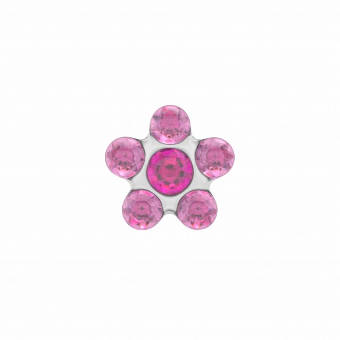 Roze schietoorbel in de vorm van een bloem met een centrale steentje en zes omringende steentjes.