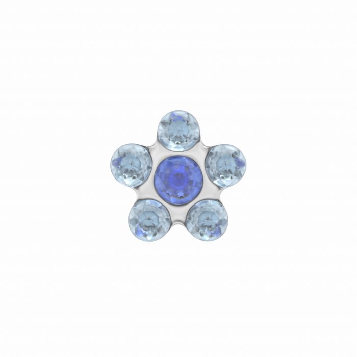 Bloemvormige schietoorbel van staal met een blauwe centrale steen en zes lichtblauwe accentstenen.