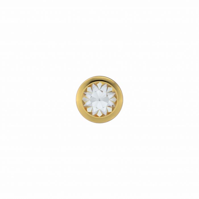De Studex Schietoorbellen witte steen 2,0 mm verguld staal heeft een ronde witte steen in een klassieke gouden randzetting, ideaal voor wie gaatjes laten schieten of hulp nodig heeft bij oorbellen kiezen. Ga op een witte achtergrond.