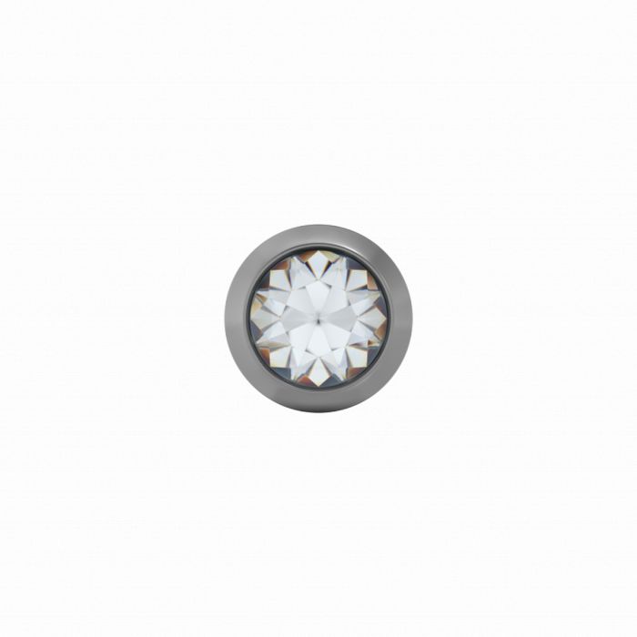 De Studex Schietoorbellen witte steen 3.0mm titaan hebben een ronde, heldere steen in een titanium ring, van bovenaf afgebeeld op een witte achtergrond-perfecte inspiratie bij het kiezen van oorbellen of na het krijgen van nieuwe piercings omdat de facetten subtiel glanzen.