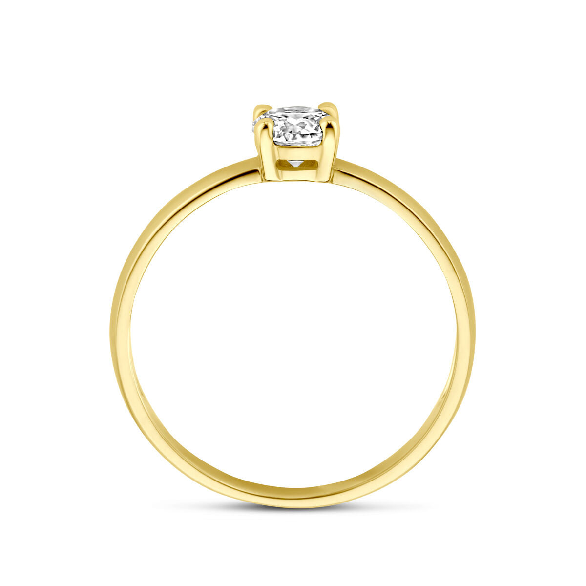 Ring van 14K geelgoud met een enkele zirkonia in een klassieke zetting.