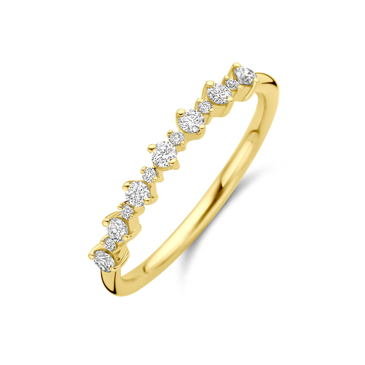 pierścionek z lab-grown diamentami 0,23 ct, złota obrączka 14K z ośmioma błyszczącymi kamieniami.