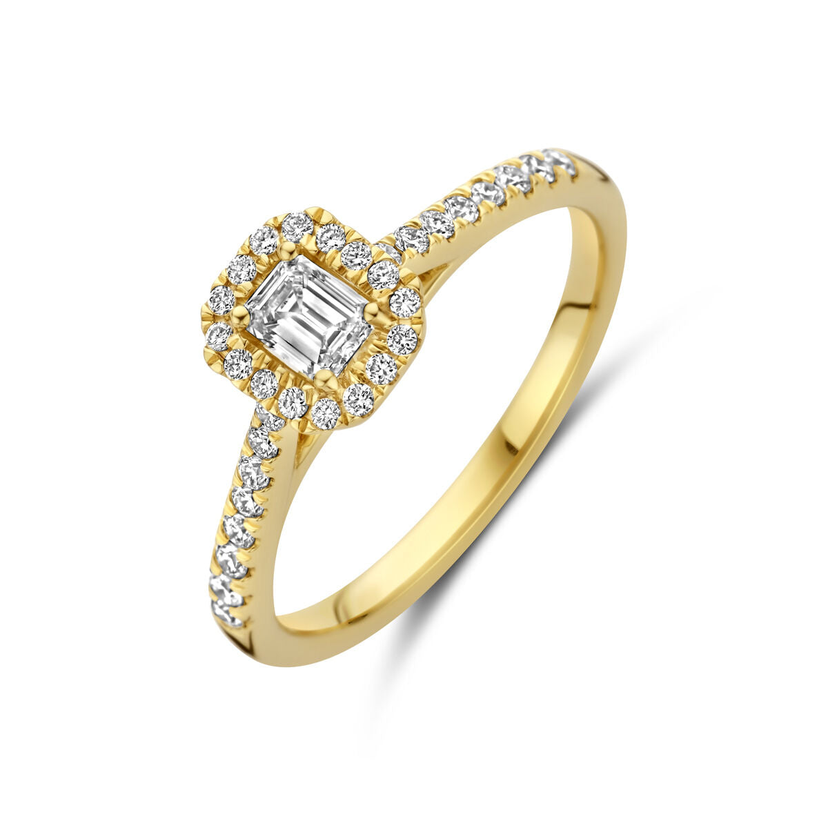 Pierścionek z laboratorium wyhodowanym diamentem 0,48 ct, w złotym 14K, z ozdobnymi diamentami.
