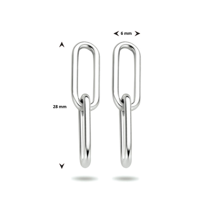 De Van der Kooij Collectie oorhangers paperclip zilver gerhodineerd hebben twee langwerpige schakels (28x6 mm), verticaal afgebeeld op een witte achtergrond – ideaal voor damessieraden. Pijlen en afmetingen geven de grootte aan.