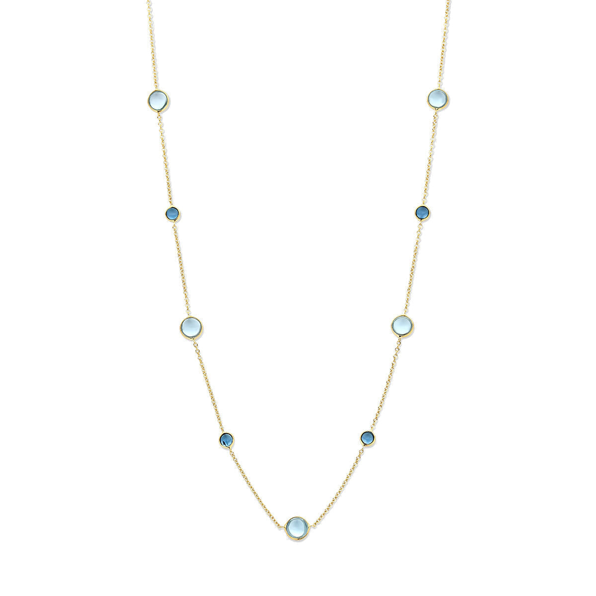 De Van der Kooij Collectie collier blauw topaas en london blue topaas is een 14K geelgouden dames ketting met afwisselend kleine blauw en london blue topaas stenen over de elegante ketting van 42-45 cm.
