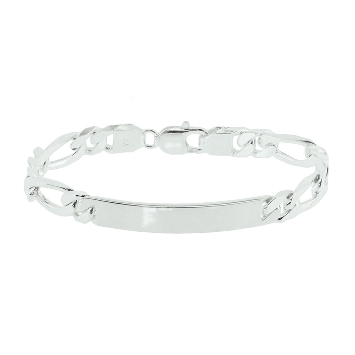 De Van der Kooij Collectie graveerarmband figaro plaat 7,6 mm 20 cm zilver wit is een unisex zilveren armband met een gepolijst naamplaatje en klassieke Figaro ketting die wordt vastgezet met een karabijnsluiting.
