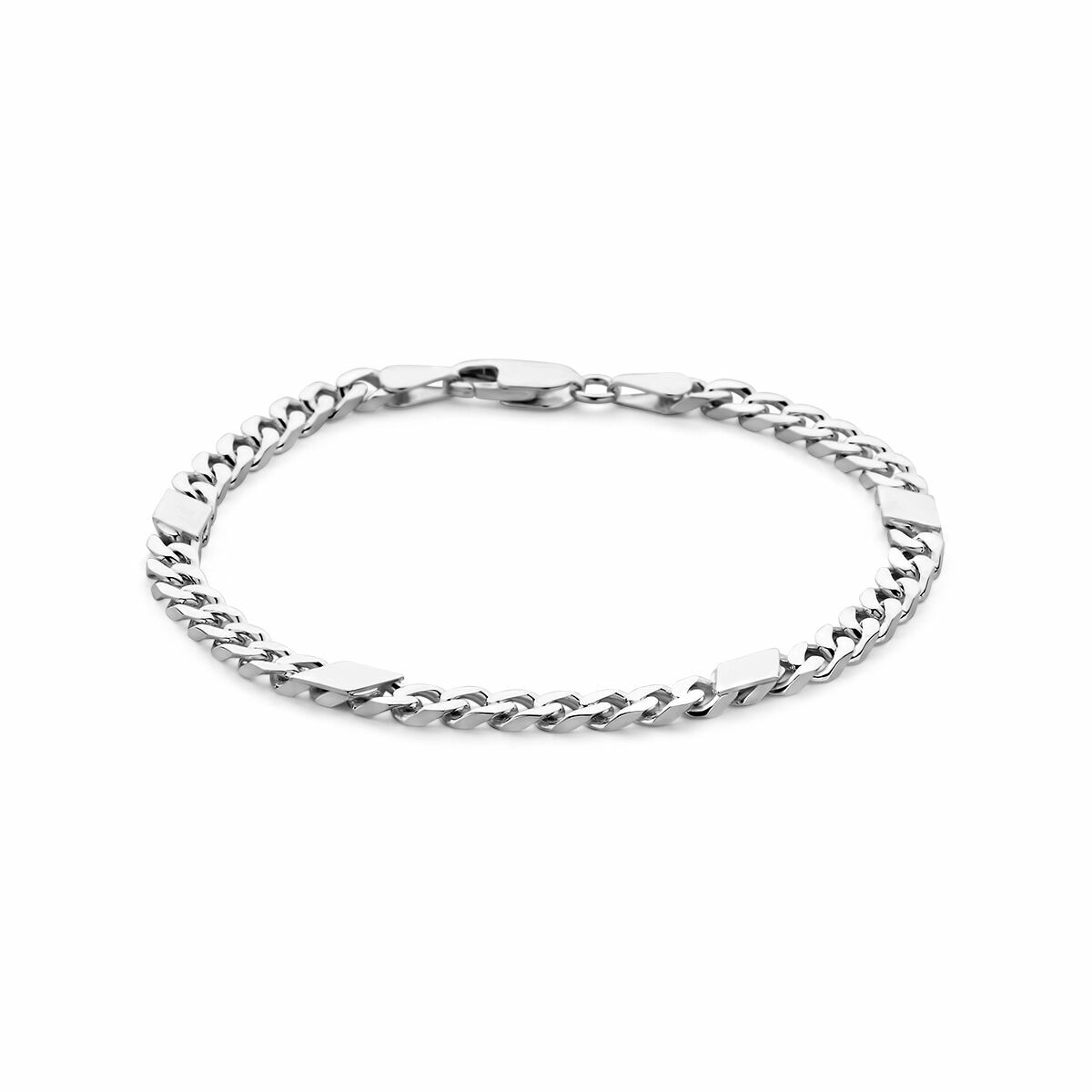 Bransoletka gourmette z 5,1 mm sześciennym wstawką, wykonana z białego srebra, długość 21 cm.