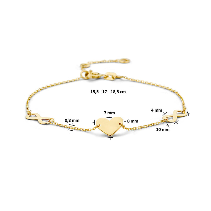 Gouden armband dames hart en infinity 14K van Van der Kooij Collectie, met centraal hartje en infinity symbolen. Lengte 15,5-18,5 cm, hart 7-8 mm, oneindigheid 4x10 mm, kettingdikte 0,8 mm. Perfect Valentijn cadeau!.