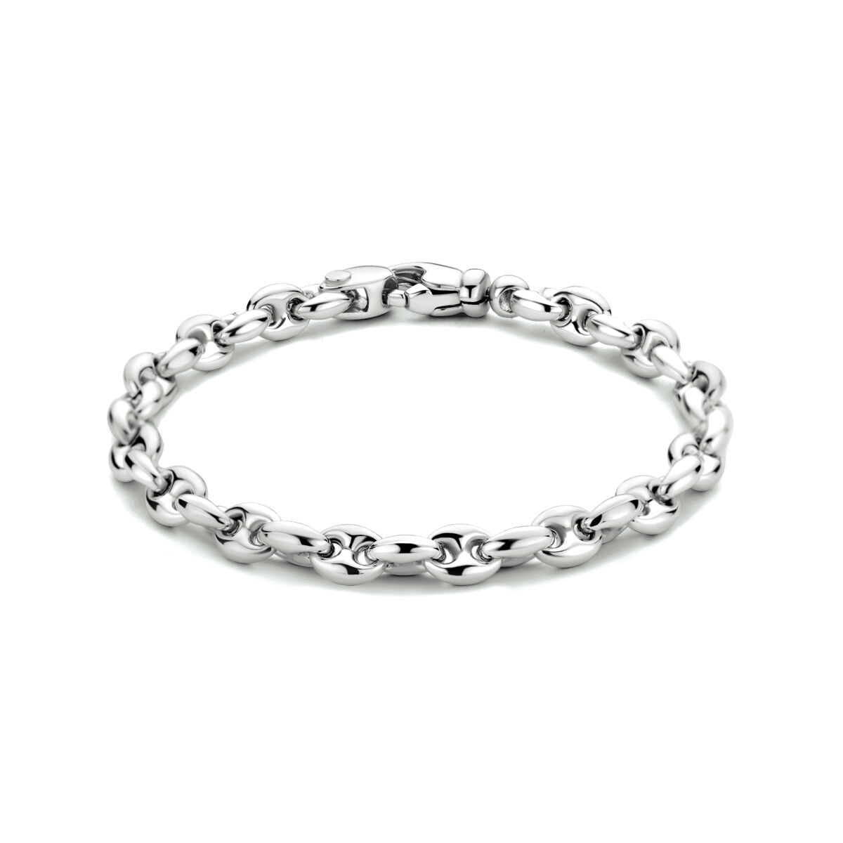 srebrna bransoletka w kształcie ziarenka kawy o szerokości 6,2 mm i długości 19 cm, pokryta rodem.