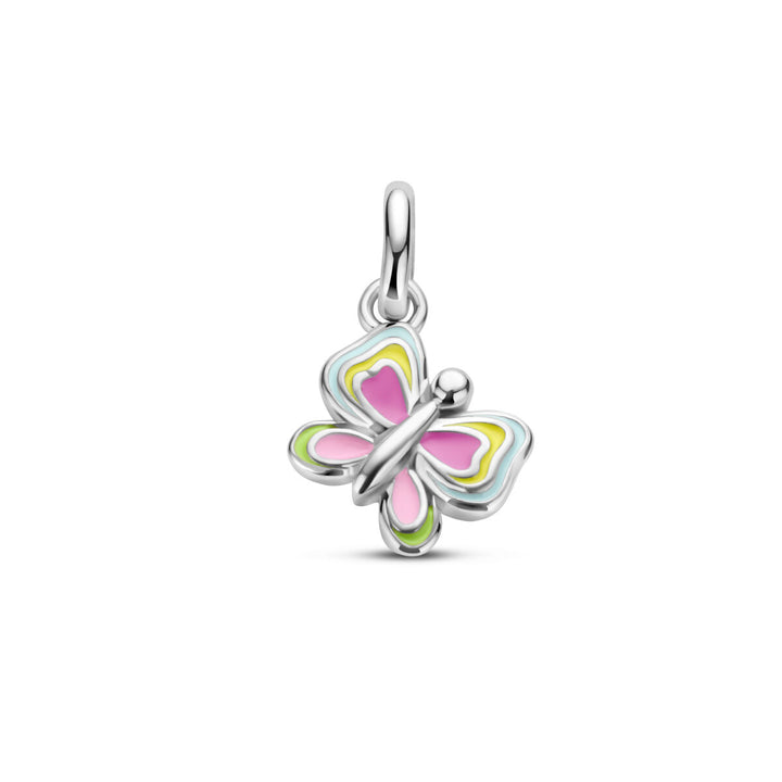 De Van der Kooij Collectie hanger vlinder zilver gehodineerd heeft roze, gele en groene emaille accenten op de vleugels en is geschikt om aan een armband of ketting te dragen. Afbeeld op een witte achtergrond.