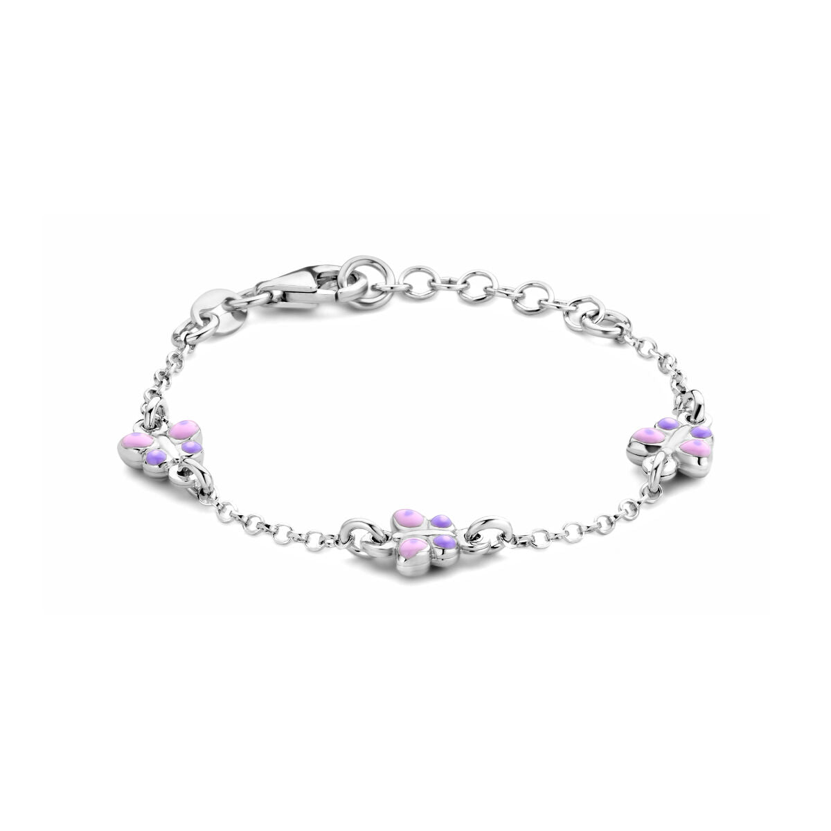 srebrna bransoletka z motylkami o długości 11 + 2 cm, pokryta rhodium, z różowymi detalami