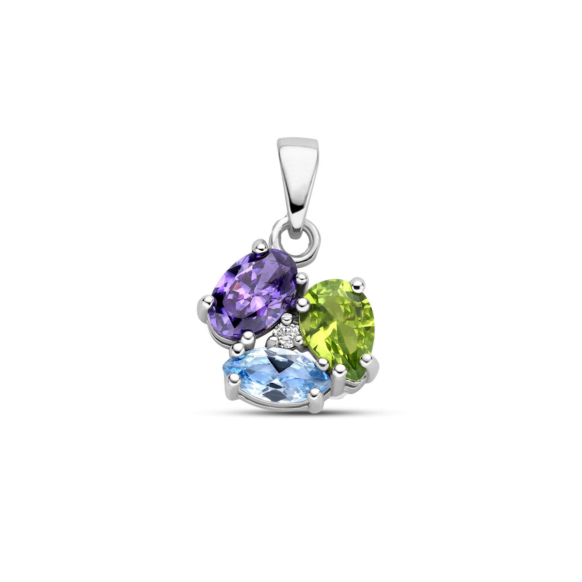 Zilveren gerhodineerde hanger met drie ovale zirkonia en synthetische edelstenen in paars, groen en blauw.