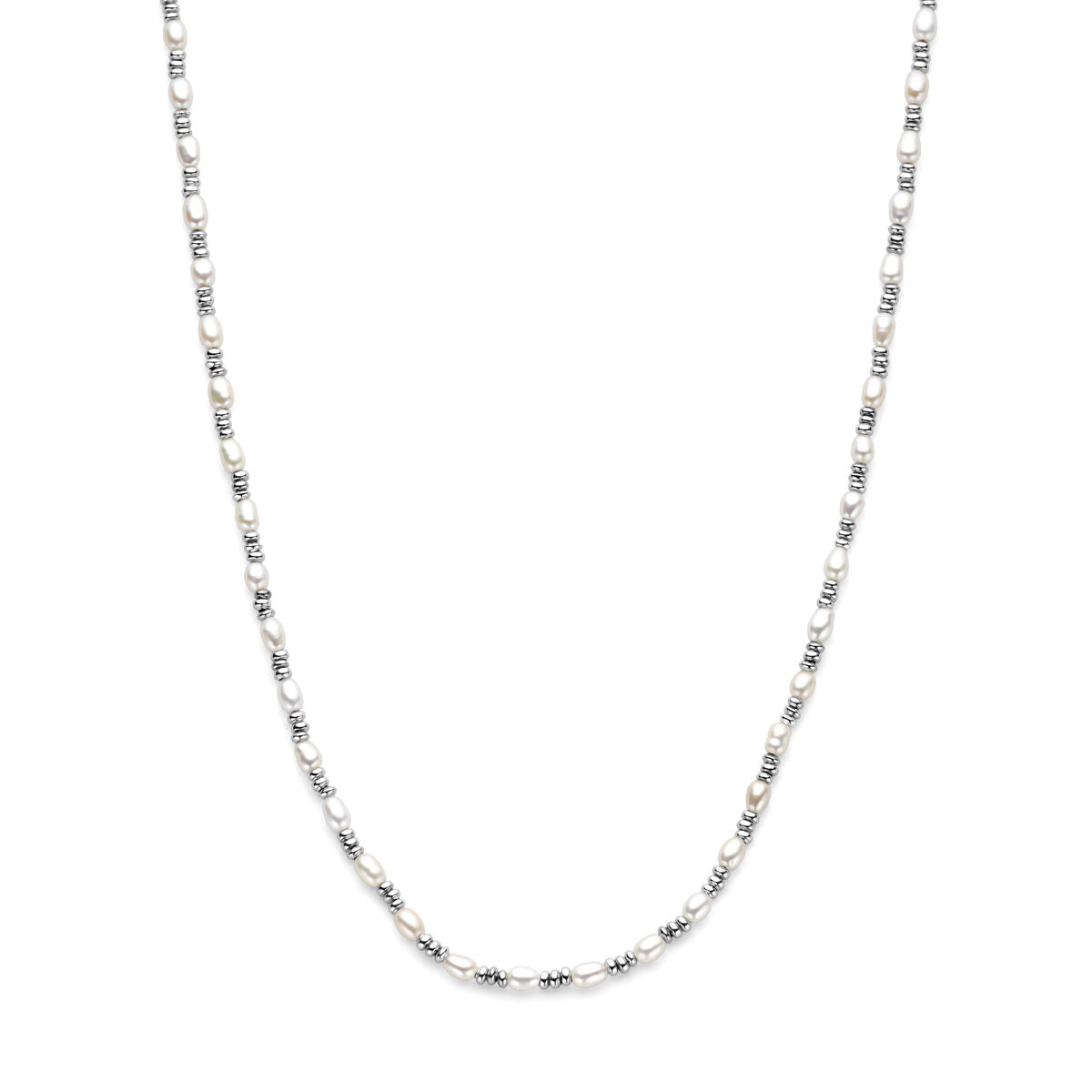 Collier van gerhodineerd zilver met parels in een verfijnde schakelstructuur.
