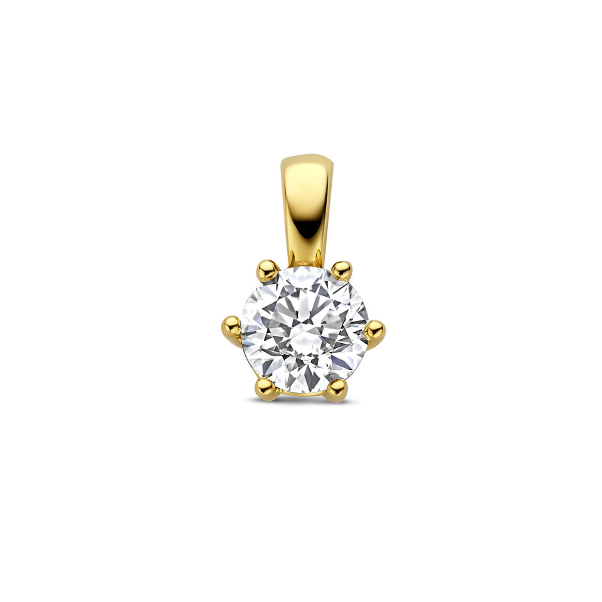 Gouden hanger van 14k geelgoud met een ronde lab grown diamant in een zetting met zes pootjes.