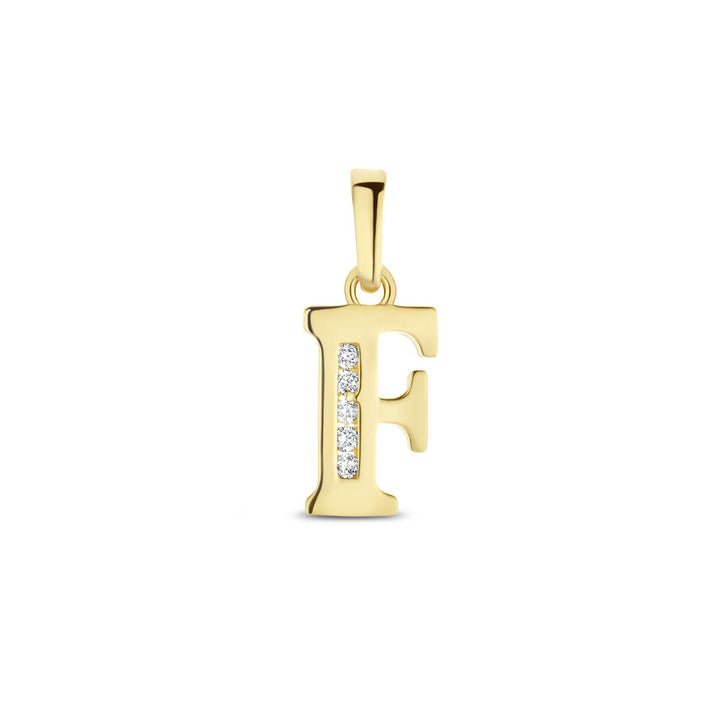 Hanger letter zirkonia 14K geelgoud van de Van der Kooij Collectie, in de vorm van een F met verticale rij zirkonia's links, afgebeeld tegen een witte achtergrond.