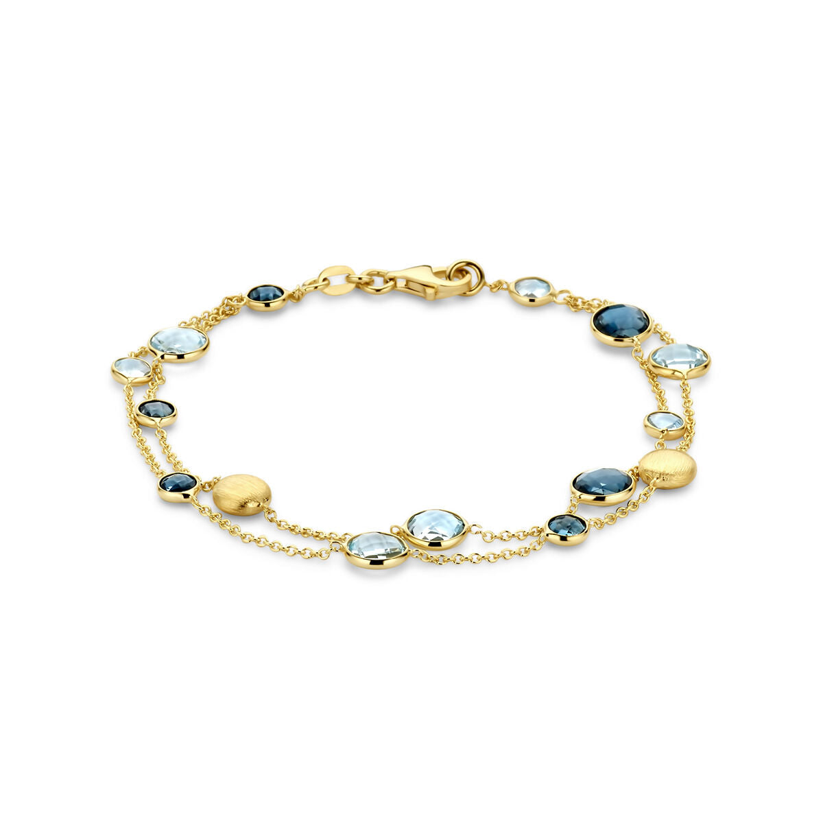 Bransoletka z okrągłymi niebieskimi topazami w odcieniach sky blue i london blue, wykonana z 14K żółtego złota, długość 19 cm.