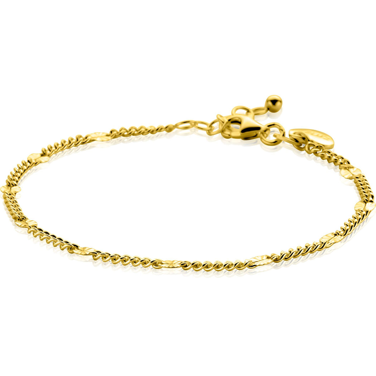 De Zinzi Armband verguld ZIA2713G is een delicate vergulde sterling 925 zilver kettingarmband met decoratieve schakels, een karabijnsluiting en een klein rond bedeltje bij de sluiting, tegen een witte achtergrond.