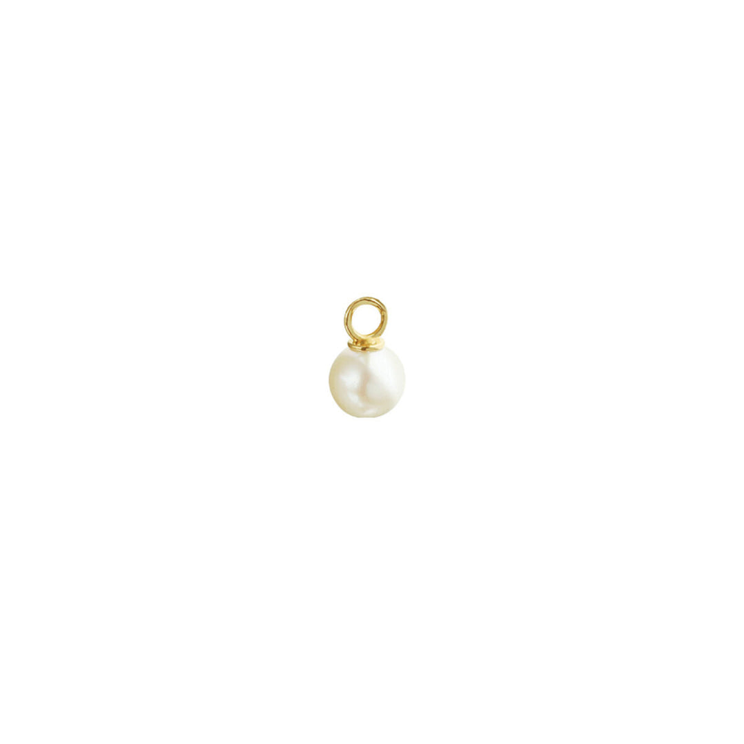 De Van der Kooij Collectie oorringhanger parel per stuk 14K geelgoud heeft een enkele witte onregelmatige parelhanger met een klein 14K geelgouden lusje, gecentreerd afgebeeld op een effen witte achtergrond.