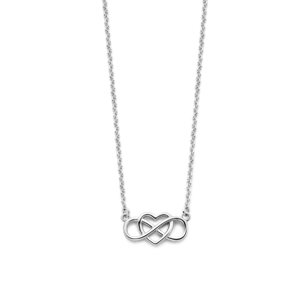 Naszyjnik z motywem serca i nieskończoności, srebrny, z rhodium, długość 42 + 3 cm.