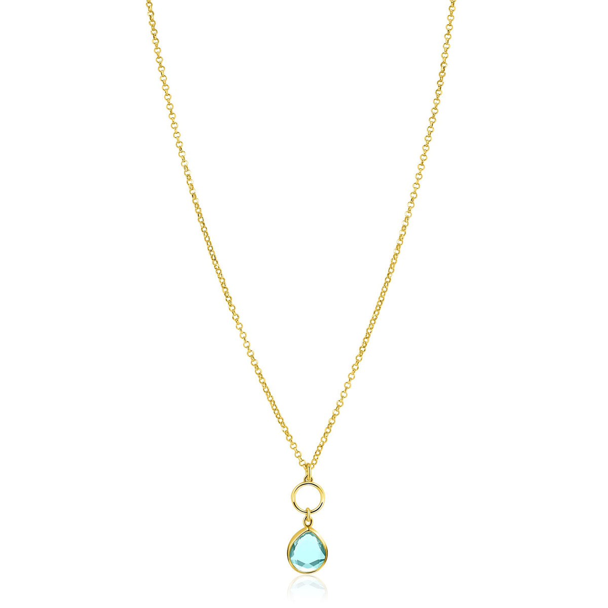 De Zinzi ketting verguld ZIC2716G is een delicate gouden ketting met een ronde lus en een traanvormige turquoise hanger, gepresenteerd op een witte achtergrond voor een elegante Zinzi look.
