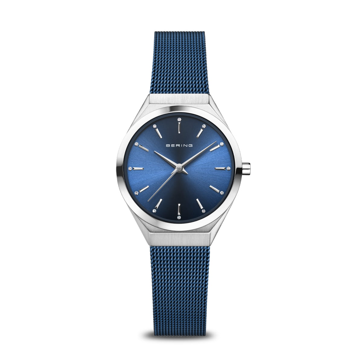 Unisex horloge met blauwe wijzerplaat, zilveren kast en blauwe mesh-band.