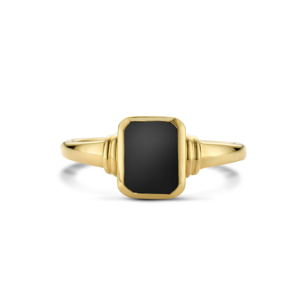 De ring onyx 14K geelgoud van Van der Kooij Collectie heeft een centrale rechthoekige onyx steen en decoratieve schouder details.