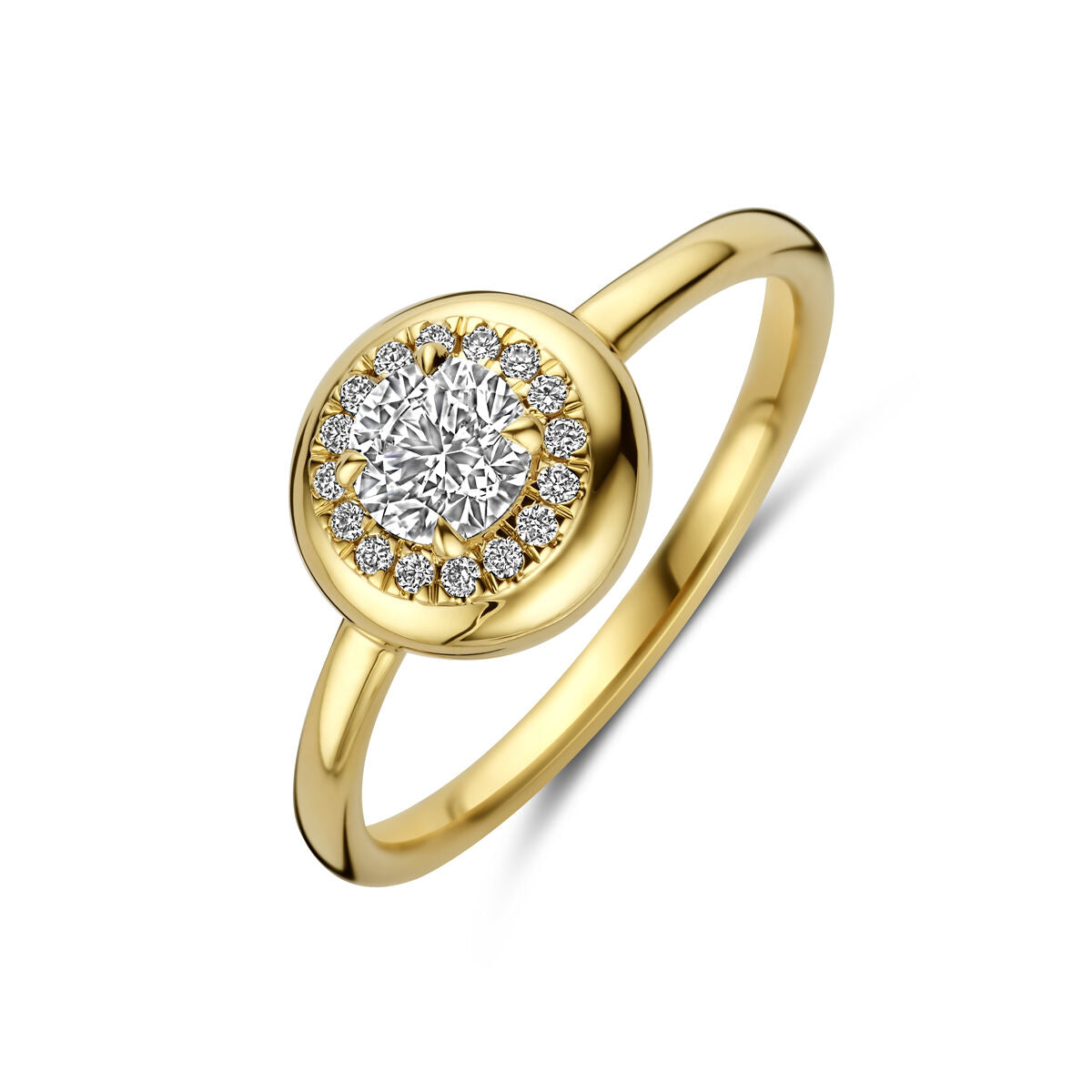 Pierścionek z lab-grown diamentem 0,49 ct w okrągłej oprawie, wykonany z 14K żółtego złota.