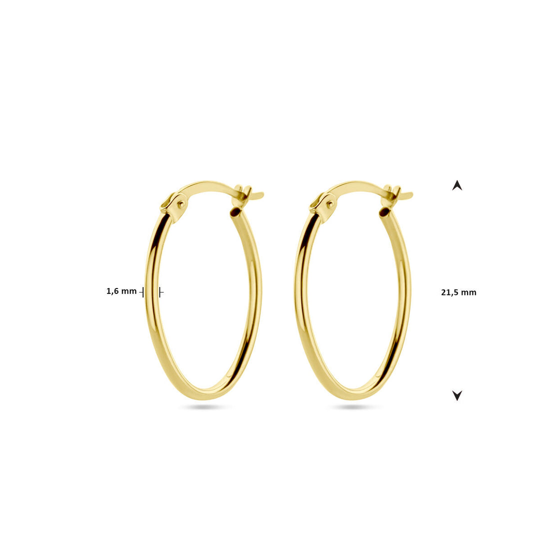 De Van der Kooij Collectie oorringen 1,6 mm ronde buis 14K geelgoud zijn voorzien van klinksluitingen en meten 1,6 mm dik bij 21,5 mm in diameter-perfecte dames oorbellen voor alledaagse elegantie.