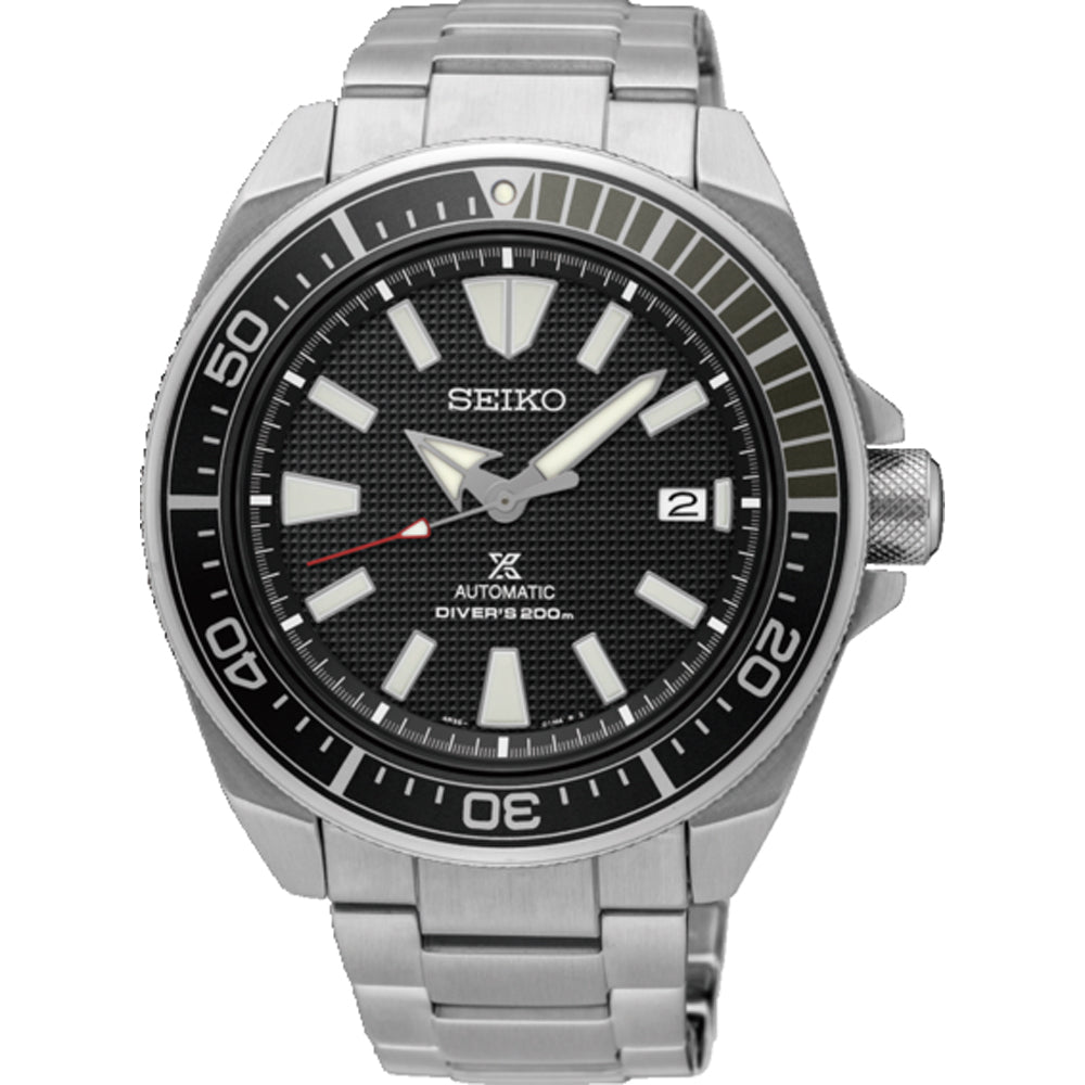 Zegarek męski Seiko Prospex z automatycznym mechanizmem, stalowa koperta, czarna tarcza, stalowa bransoleta.
