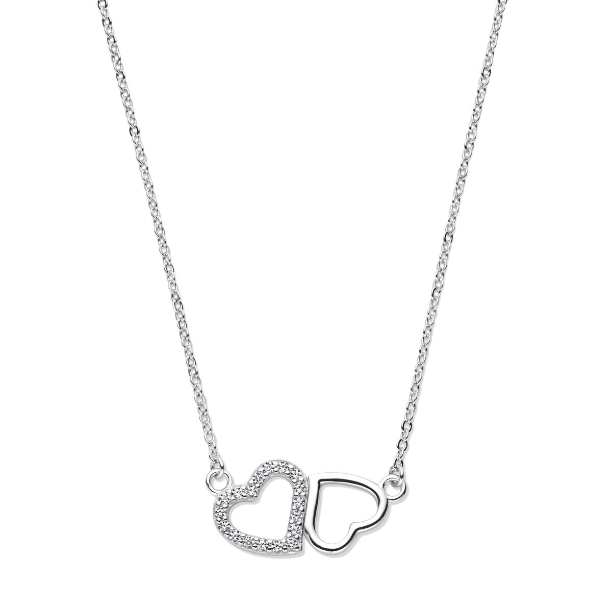 Collier van gerhodineerd zilver met twee hartjes, waarvan één bezet met zirkonia, lengte 42 + 3 cm.