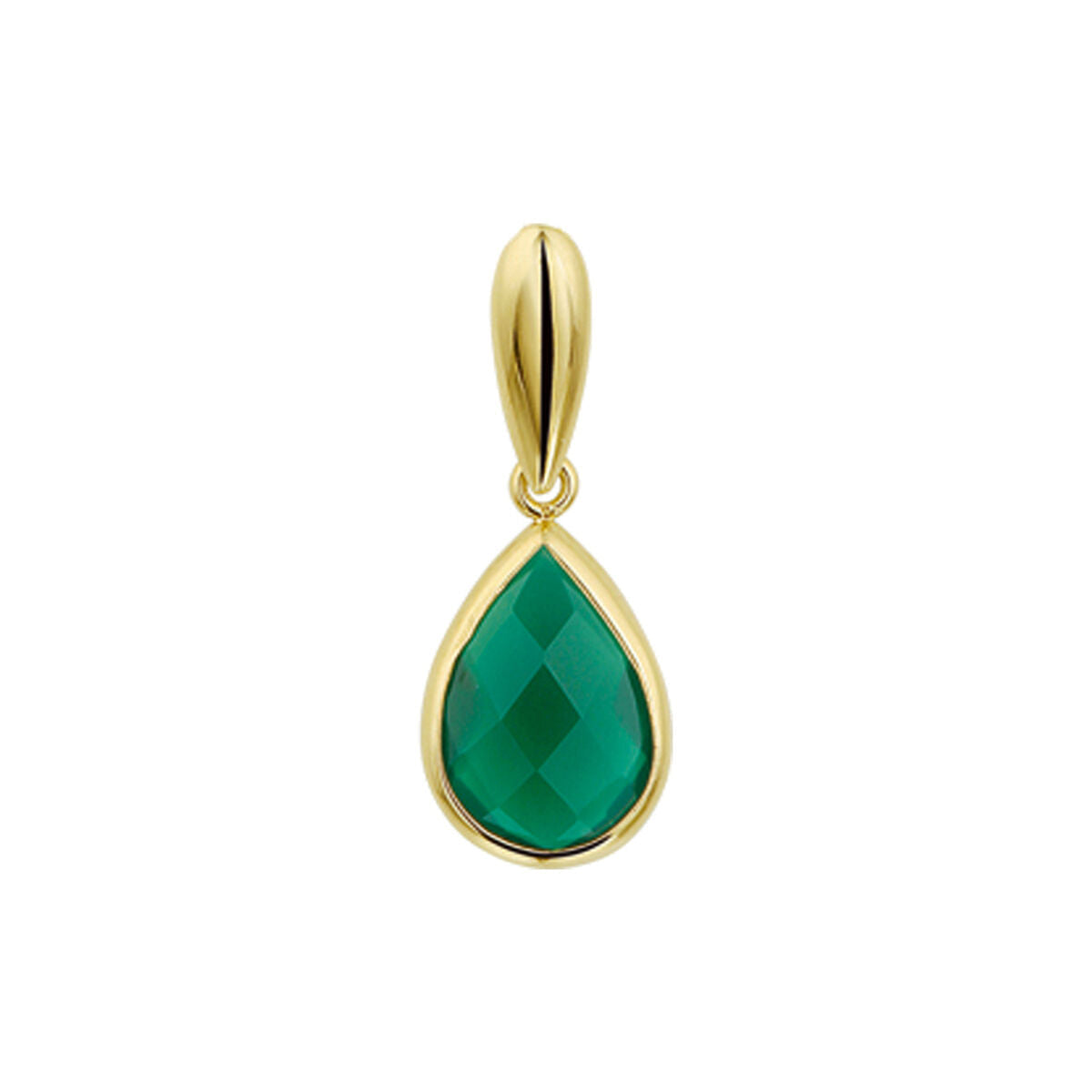 Hanger van groen agaat in druppelvorm, gezet in 14K geelgoud met een facette-afwerking.