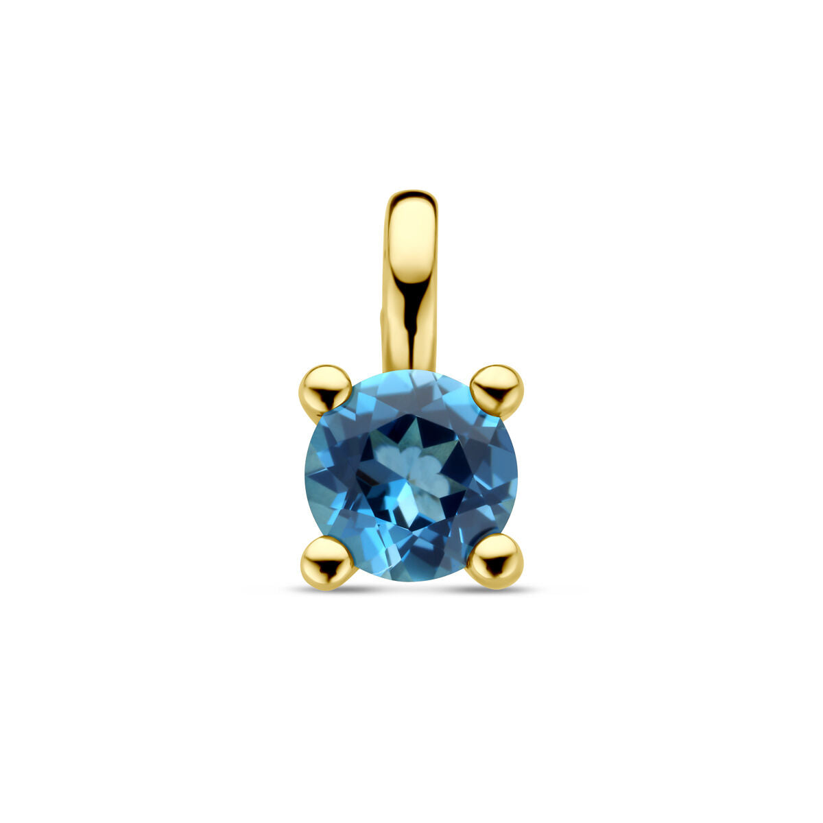 Hanger van 14K geelgoud met een ronde london blue topaas, gezet in een eenvoudige vierpootsluiting.