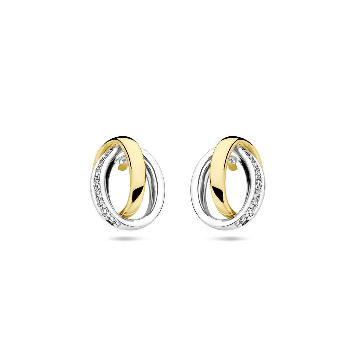 Kolczyki diamentowe 0,05 ct (2x 0,025 ct) w bicolor złocie żółtym i białym.