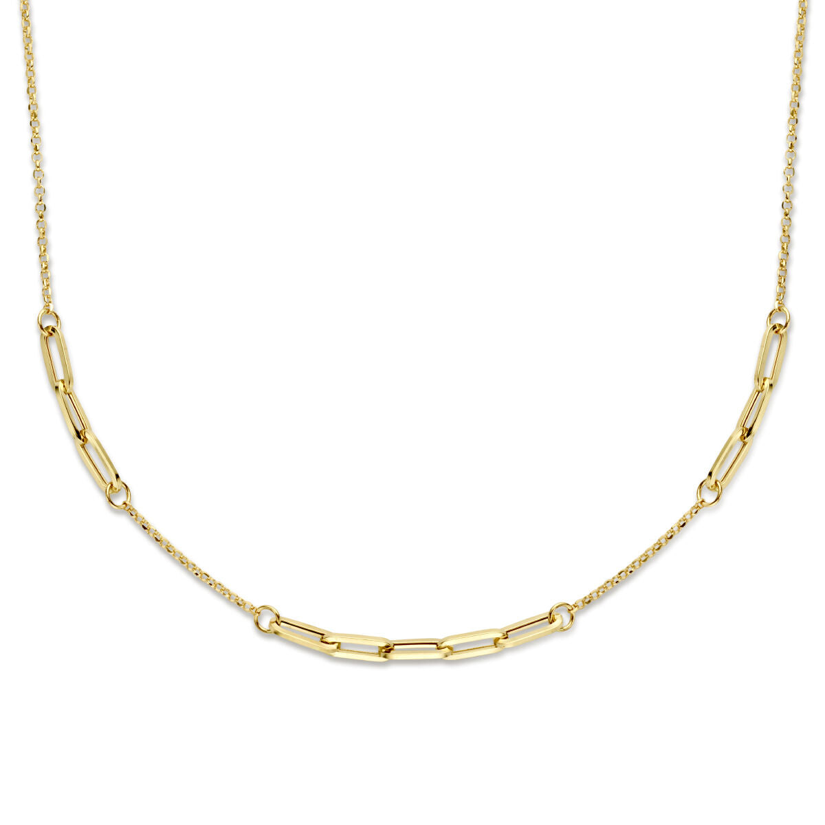 Combi-collier van 14K geelgoud met jasseron en paperclip schakels van 3,5 mm, lengte 42 + 2 cm.