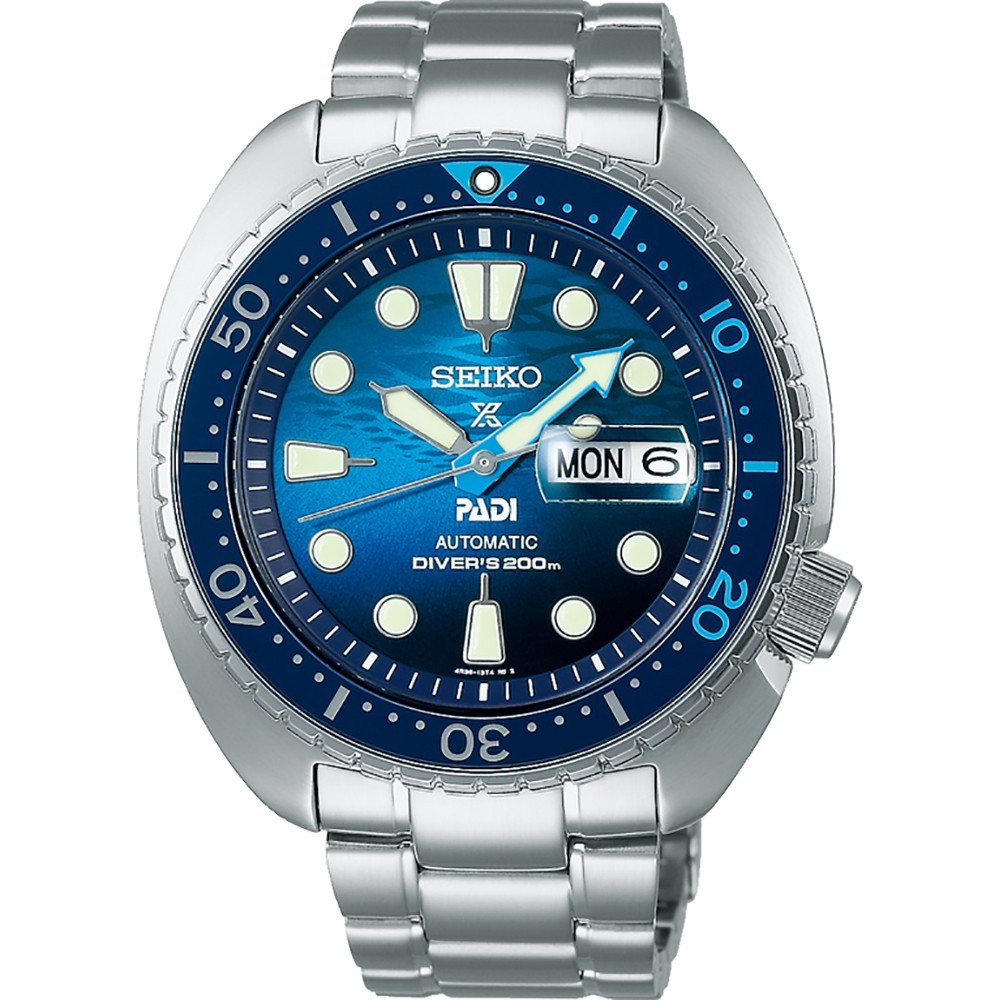 Zegarek męski Seiko Prospex SRPK01K1 z niebieską tarczą, stalową kopertą i bransoletą.