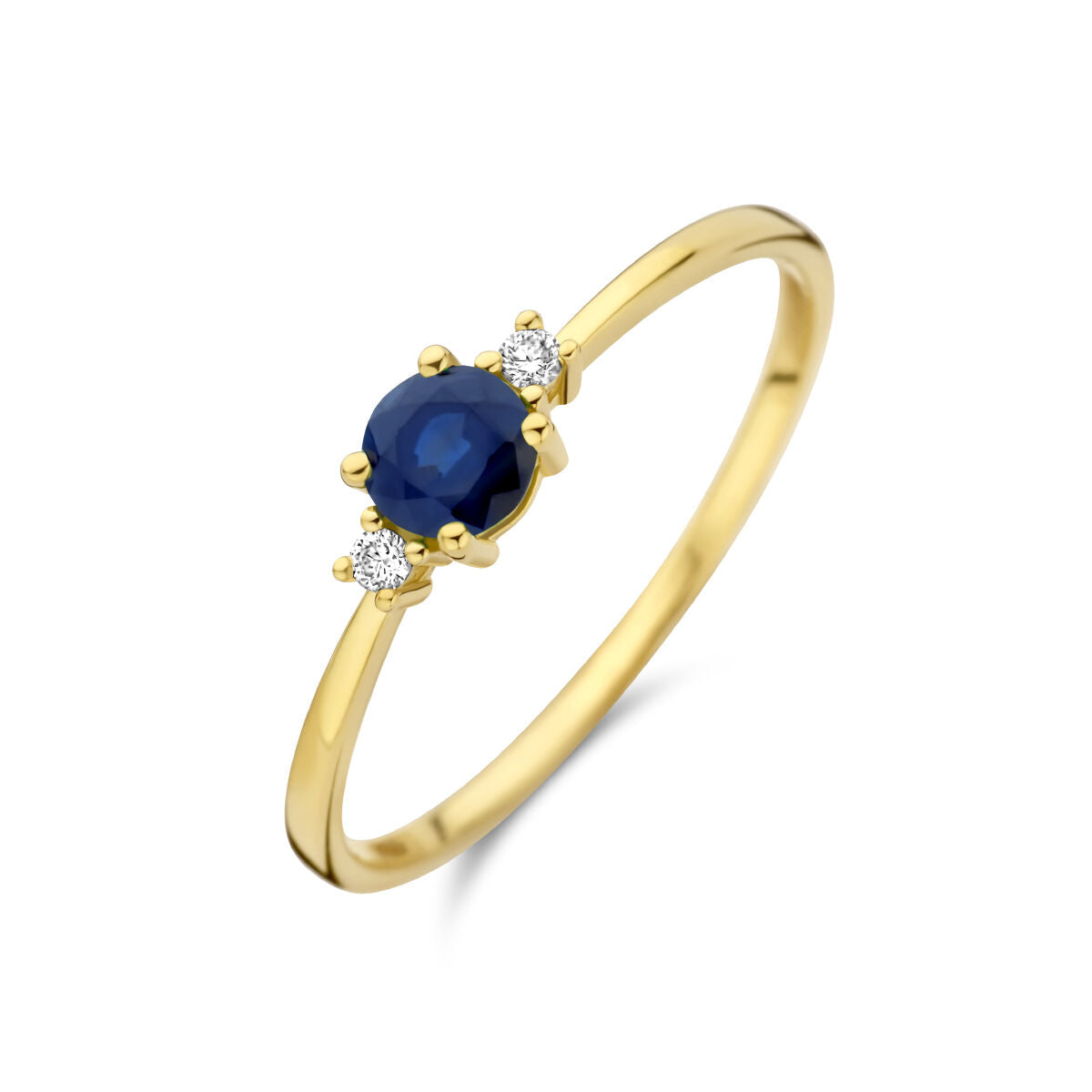 Złoty pierścionek z niebieskim szafirem i dwoma diamentami o łącznej wadze 0,03 ct.