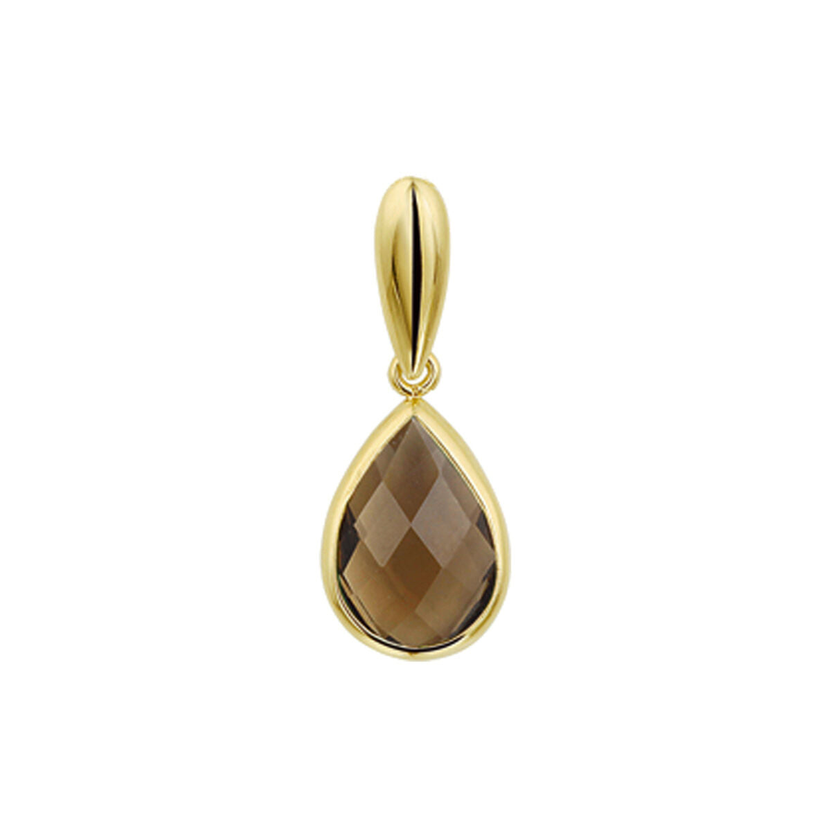 Hanger van rookkwarts in druppelvorm, omringd door 14K geelgoud met een facette-afwerking.